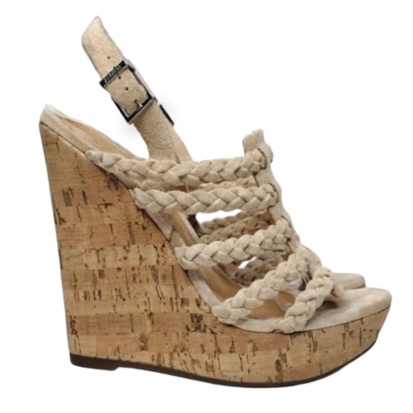 SCHUTZ Beige Braided Straps Boho Resort Cork Wedge Sandals - Picture 1 of 16